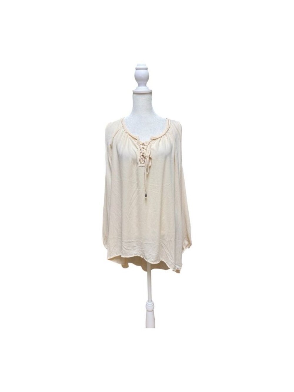 NY & Co Cold Shoulder Blouse Womens XL NWT Beige Lace Up Long Sleeve Top
